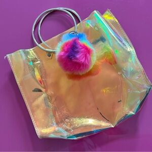 Iridescent Holographic Tote with Rainbow Pom-Pom